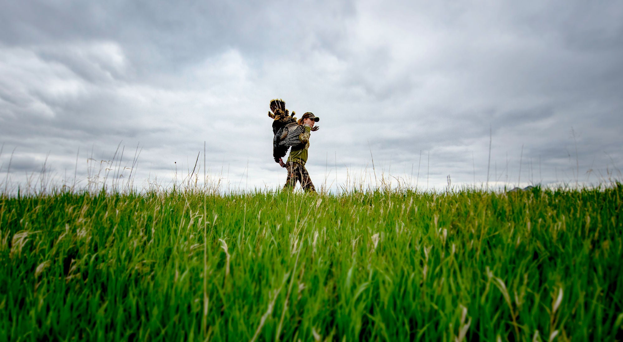 A woman hunting in open field carrying a wild turkey.