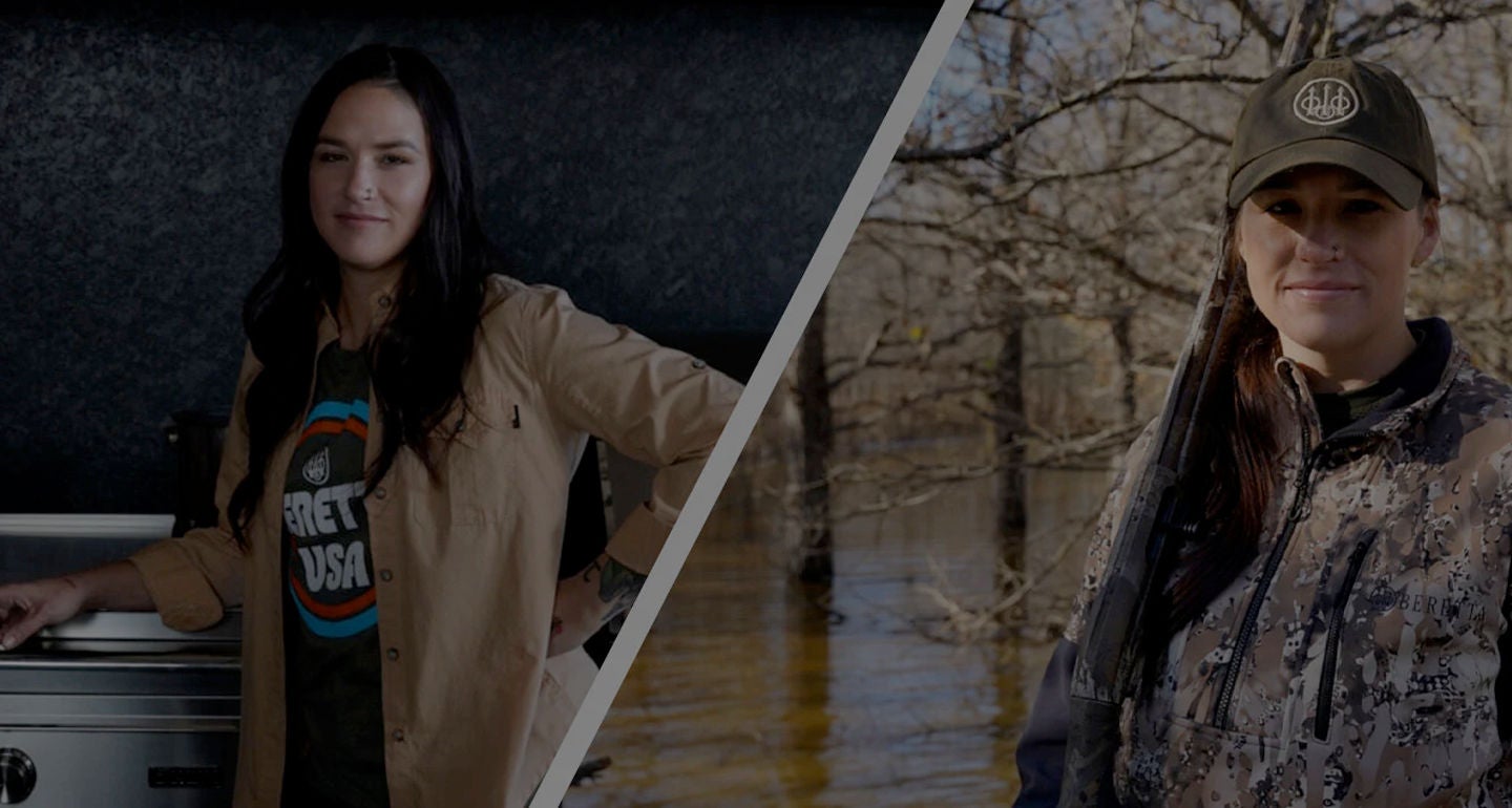 Two images of Tori Loomis, standing next to a grill and hunting in a camouflage gear.